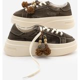 Marjin Kadın Sneaker Kalın Taban Denim Çıkarılabilir Boncuklu Tokalı Spor Ayakkabı Pevosa Kahve Kot