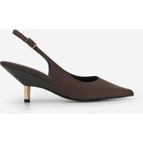 Marjin Kadın Stiletto Sivri Burun Arkası Açık Altın Metal Ökçe Klasik Topuklu Ayakkabı Rente Kahve Saten - Kahverengi