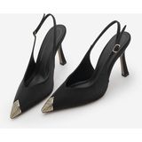 Marjin Kadın Stiletto Sivri Burun Önde Altın Metal Tokalı Arkası Açık Klasik Topuklu Ayakkabı Karima Siyah Saten