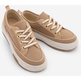 Marjin Kadın Yüksek Kalın Taban Sneaker Bağcıklı Spor Ayakkabı Hesna Camel Keten
