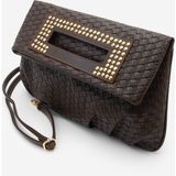 Marjin Kadın Zımbalı Clutch Portföy Çapraz Askılı El ve Omuz Çantası Panes Kahve