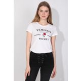Markapia Beyaz Kadın Bisiklet Yaka Baskılı T-Shirt