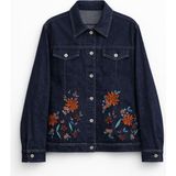 Markapia Kadın Indigo Çiçek Nakışlı Düğmeli Likralı Jean Ceket - S - İndigo