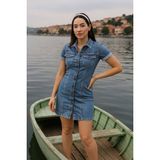 Markapia Kısa Kollu Önden Düğmeli Jean Elbise Mavi - 2XL