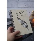 Markcat Kuş Tüy Desenli Ahşap Defter - Ajanda - 120 Sayfa Çizgisiz Defter (Ahşap Rengi Banu) A5 Notebook