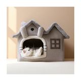 MarkEntegra Villa Kedi Evi Peluş Kapalı Kedi Yatağı Minderli Katlanır (Gri)