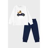 MARKOLL Erkek Bebek Çocuk Araba Baskılı Uzun Kollu Pijama Takımı Lacivert Alt Beyaz Üst 2 Parça