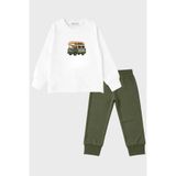 MARKOLL Erkek Çocuk Karavan Baskılı Pijama Takımı Beyaz Üst Haki Yeşil Alt Uzun Kollu 2'li Pijama