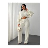 MARLİNG Kadın Beyaz Crop Pantolon Alt Üst Triko Takım