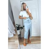 MARLİX Buz Mavi Uzun Maxi Boy Denim likralı yırtmaçlı Dar Kalıplı Uzun Boy Normal Belli Kadın Kot Etek