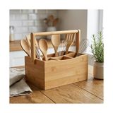 Marmara Avm 4 Bölmeli Bambu Kaşıklık ve Organizer, Tezgah Üstü Çatal Bıçak Düzenleyici, Taşıma Kulplu Servis Standı (23 x 16 x 12 Cm)