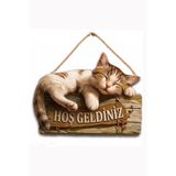 MARNELLO CONSEPT "Hoş Geldiniz" Yazılı Kedi Ahşap MDF Kapı Süsü - 2D Düz Baskı