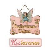 MARNELLO CONSEPT "Kızlarımın Odası" Yazılı Melek Tasarımlı Ahşap MDF Kapı Süsü - Dekoratif Süs