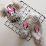 Mars Baby Bebek Kız Çocuk İsimli Bej Fuşya Minnie Çift Ponponlu Atkı Bere Takımı