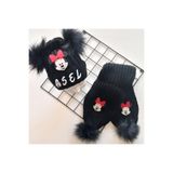 Mars Baby Bebek Kız Çocuk İsimli Kişiye Özel Siyah Kırmızı Minnie Çift Ponponlu Atkı Bere Takımı