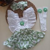 Mars Baby Kız Bebek Beyaz Yeşil Çiçek Desenli Fırfırlı Salopet Bandana Beyaz Çorap Takım - 0 - 6 Ay