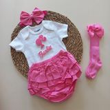 Mars Baby Kız Bebek Pembe Fuşya Barbie Figür Fırfırşort Etek Bandana Fiyonk Çorap Takım - 01P-Pembe - 6 - 9 Ay