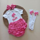 Mars Baby Kız Bebek Pembe Fuşya Barbie Figürlü Fırfırşort Etek Bandana Çorap Takım - 6 - 9 Ay