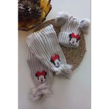 MARS BABY Kız Erkek Unisex Bebek Çocuk Bej Kırmızı Mickey Minnie Ponponlu Atkı Bere Takımı