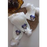 MARS BABY Kız Erkek Unisex Bebek Çocuk Ekru Krem Lila Mickey Minnie Mouse Figürlü Ponponlu Atkı Bere