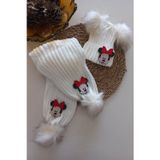 MARS BABY Kız Erkek Unisex Bebek Çocuk Ekru Krem Mickey Minnie Mouse Figürlü Ponponlu Atkı Bere Takı