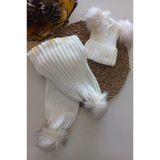 Mars Baby Kiz Erkek Unisex Bebek Cocuk Ekru Krem Ponponlu Atki Bere Takimi