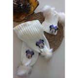 Mars Baby Kiz Erkek Unisex Bebek Cocuk Krem Lila Minnie Figurlu Ponponlu Atki Bere Takimi