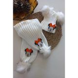 Mars Baby Kiz Erkek Unisex Bebek Cocuk Krem Turuncu Minnie Figurlu Ponponlu Atki Bere Takimi