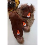 MARS BABY Kız Erkek Unisex Bebek Çocuk Taba Kahve Çakıl Figürlü Ponponlu Atkı Bere Takımı