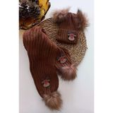 MARS BABY Kız Erkek Unisex Bebek Çocuk Taba Kahve Geyik Figürlü Ponponlu Atkı Bere Takımı
