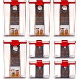 Mars & Hars 8'li Sızdırmaz, Çift Kilit Klipsli, Vakum Kapaklı, Erzak, Baharat Saklama Kabı (4 Orta +4 Küçük) - Kırmızı
