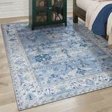 Marsa Dijital Baskı Şönil Dokuma Taban Halı Yıkanabilir Kilim Yolluk Salon Halısı - Krem - Mavi - 160 x 230 cm