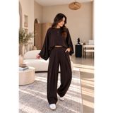 Marsboutique Kahverengi Modal Kumaş Yarasa Kol Crop Bluz - Ön Pileli Şalvar Model Pantolon Takım M MRS0058