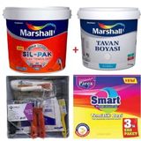 Marshall Kurna 2.5 lt Silikonlu SilPak Leke Tutmaz Duvar Boyası Marshall 3.5 kg Tavan Boyası ve İzmir Fırça Duvar Boyama Seti