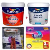 Marshall Tütsü 2.5 lt Silikonlu SilPak Leke Tutmaz Duvar Boyası Marshall 3.5 kg Tavan Boyası ve İzmir Fırça Duvar Boyama Seti