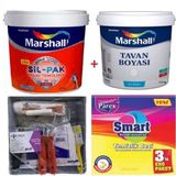 Marshall Yeni Kırık İnci 2.5 lt Silikonlu SilPak Leke Tutmaz Duvar Boyası Marshall 3.5 kg Tavan Boyası ve İzmir Fırça Duvar Boyama Seti