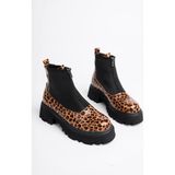MARSHETTA Isabel Model Leopar Desenli Rugan Kalın Tabanlı Önden Fermuarlı Kadın Bot - Siyah - Leopar