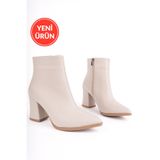 MARSHETTA Legend Model Bej Sivri Burun Kalın Topuklu Yandan Fermuarlı Kadın Bot
