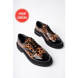 Marshetta Shoes Leopatra Model Leopar Desenli Siyah Rugan Kadın Günlük Oxford Bağcıklı Ayakkabı