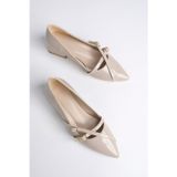 Marshetta Shoes Lizbon Model Toka Detaylı Bej Rugan Sivri Burun Kare Topuklu Babet Kadın Ayakkabı