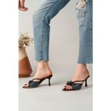Marshetta Shoes Lorina Lacivert Keten Fiyonk Detaylı Kadın İnce Topuklu Sandalet Terlik