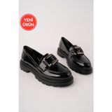 Marshetta Shoes Nottevia Model Kare Metal Toka Detaylı Siyah Kırışık Rugan Kadın Loafer Günlük Ayakkabı