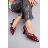 Marshetta Shoes Stiletza Model Kadın Bordo Rugan Toka Detaylı Sivri Burun Stiletto Topuklu Ayakkabı
