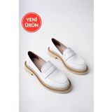 Marshetta Shoes Velora Model Beyaz Cilt Rugan Detaylı Kadın Loafer Günlük Ayakkabı Makosen