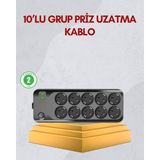 Marsilyan 10 Prizli Uzatma Kablosu Termal Koruma USB Type-C Hızlı Şarj 2500W