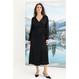 Marsilyan- %100 Viskon Uzun Kollu Saten Elbise - Siyah - XL