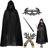 Marsilyan 120 cm Kapüşonlu Siyah Pelerin + Asa + Dantel Maske + Uzun Dantel Siyah Eldiven Kostüm Seti - Renkli - standart