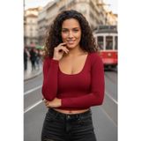 Marsilyan Bordo Derin U Yaka Crop Top Uzun Kollu Dar Kesim Kadın Bluz