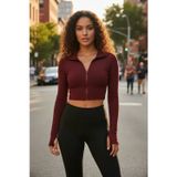 Marsilyan Bordo Dik Yaka Fermuarlı Uzun Kollu Parmak Geçmeli Crop Top Spor Bluz