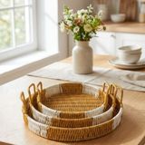 Marsilyan Buffer® Iç Içe Geçebilen 3’lü Yuvarlak Plastik Rattan Tepsi Seti–çift Renkli Hasır Gör - 1